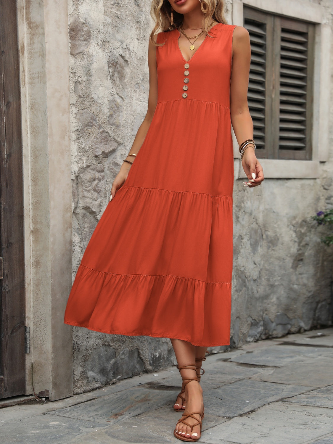 Decorative Button Notched Sleeveless Dress - store name